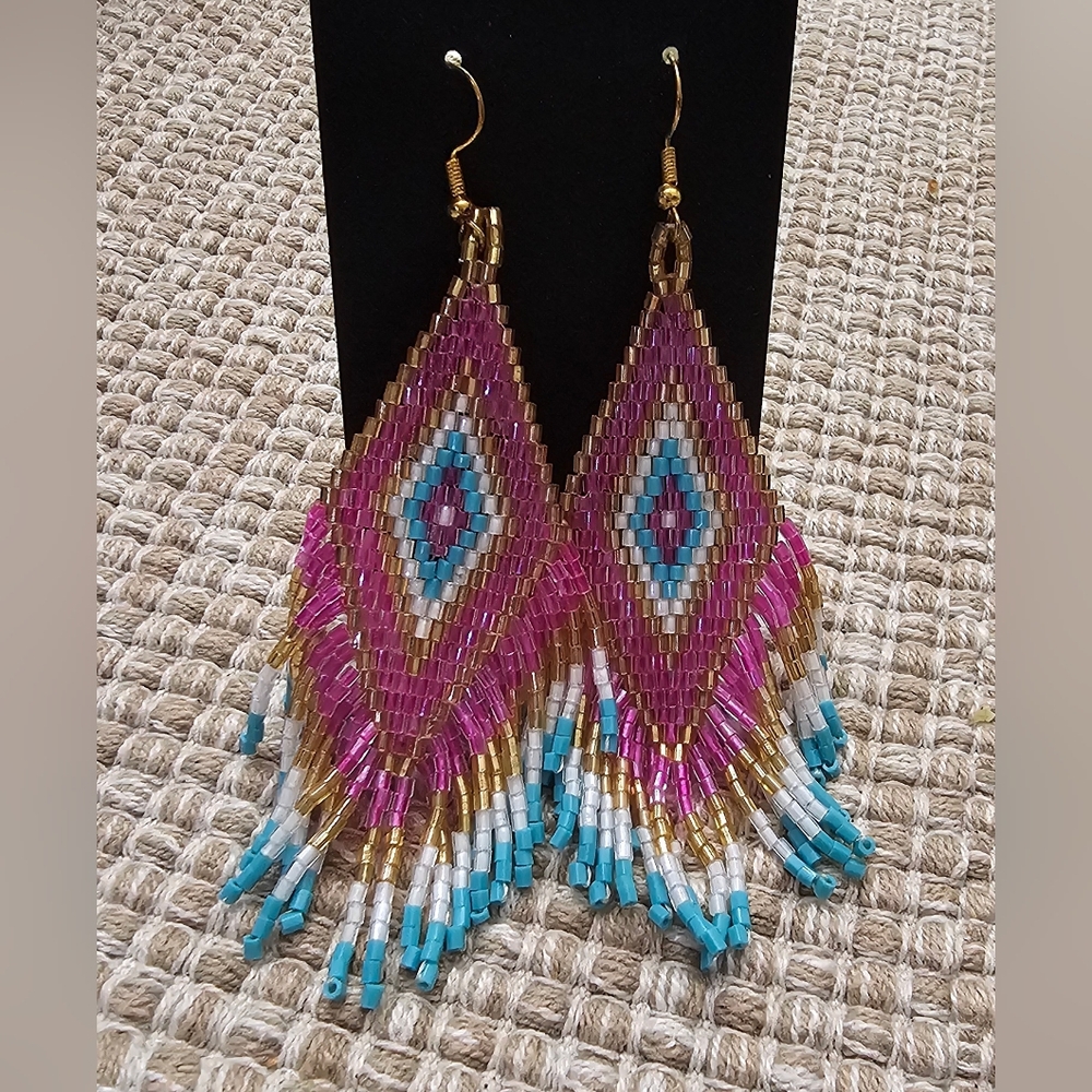 Colorful Boho Chic Beaded Native American Dangle Fringe Earrings 4 Inch NWOT - Picture 6 of 11